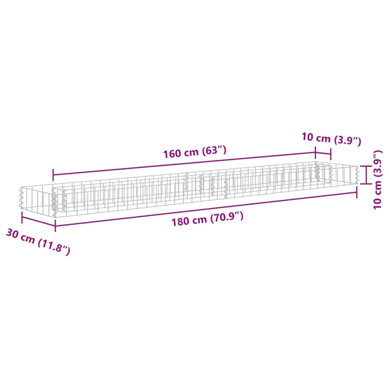 vidaXL gabions, augstā puķu kaste, cinkots tērauds, 180x30x10 cm