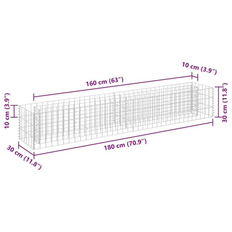 vidaXL gabions, augstā puķu kaste, cinkots tērauds, 180x30x30 cm