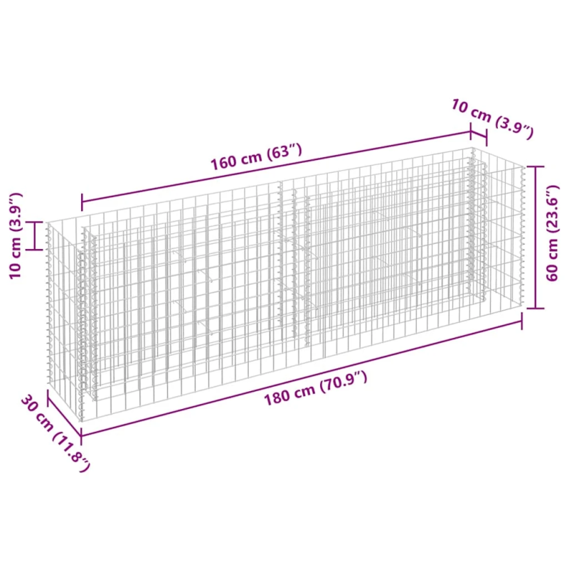 vidaXL gabions, augstā puķu kaste, cinkots tērauds, 180x30x60 cm