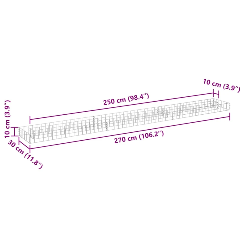 vidaXL gabions, augstā puķu kaste, cinkots tērauds, 270x30x10 cm