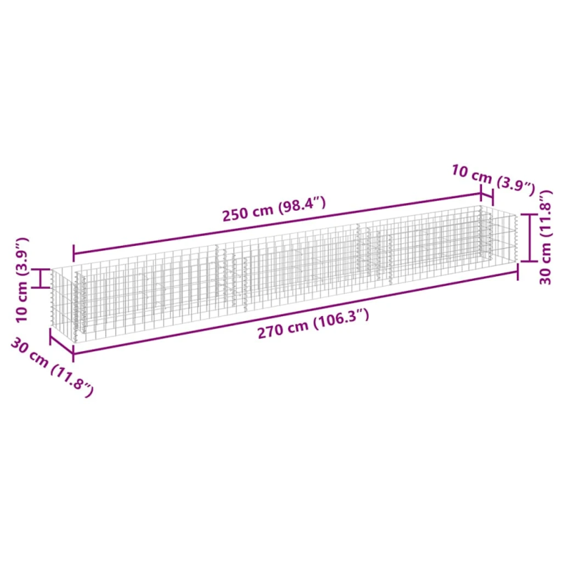 vidaXL gabions, augstā puķu kaste, cinkots tērauds, 270x30x30 cm