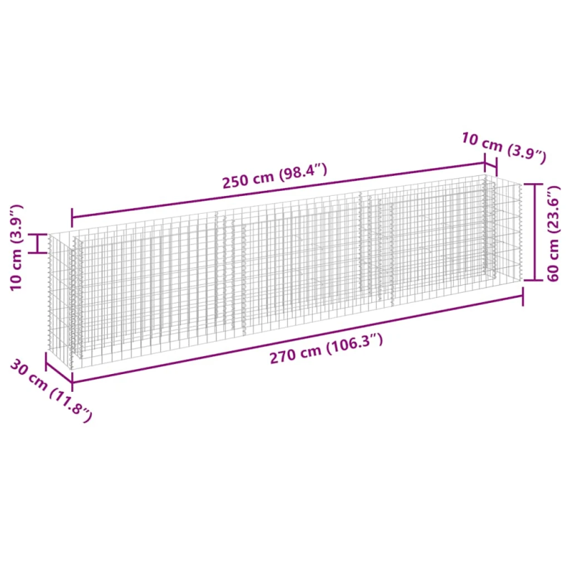 vidaXL gabions, augstā puķu kaste, cinkots tērauds, 270x30x60 cm