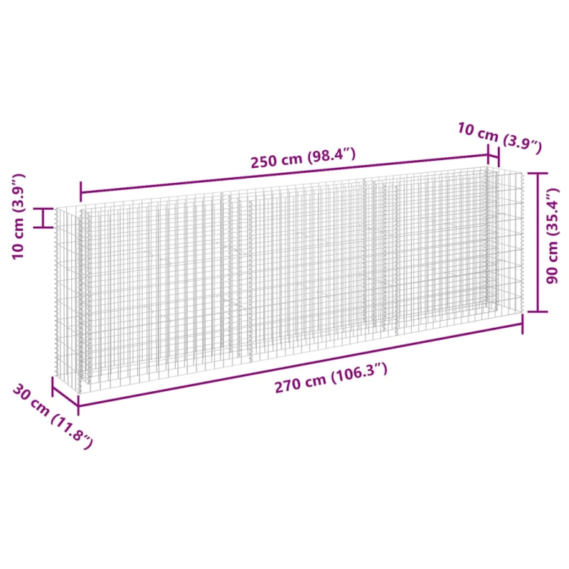 vidaXL gabions, augstā puķu kaste, cinkots tērauds, 270x30x90 cm