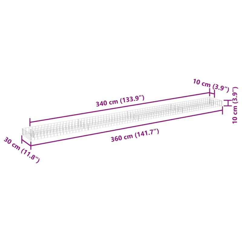 vidaXL gabions, augstā puķu kaste, cinkots tērauds, 360x30x10 cm
