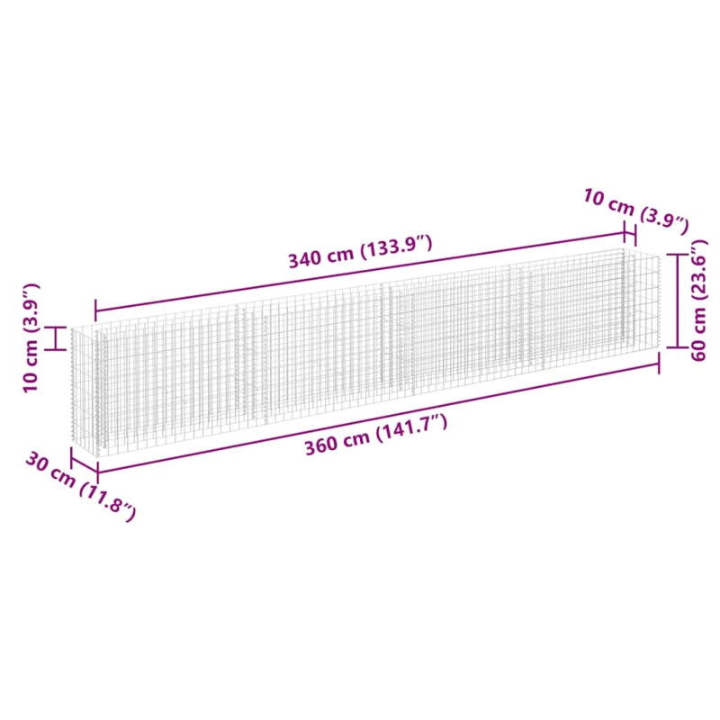 vidaXL gabions, augstā puķu kaste, cinkots tērauds, 360x30x60 cm