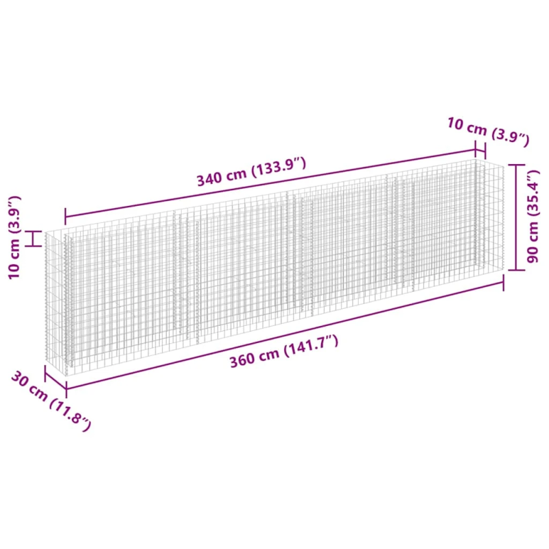 vidaXL gabions, augstā puķu kaste, cinkots tērauds, 360x30x90 cm