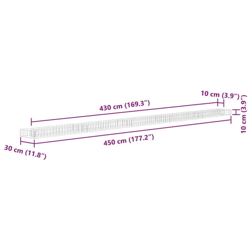 vidaXL gabions, augstā puķu kaste, cinkots tērauds, 450x30x10 cm