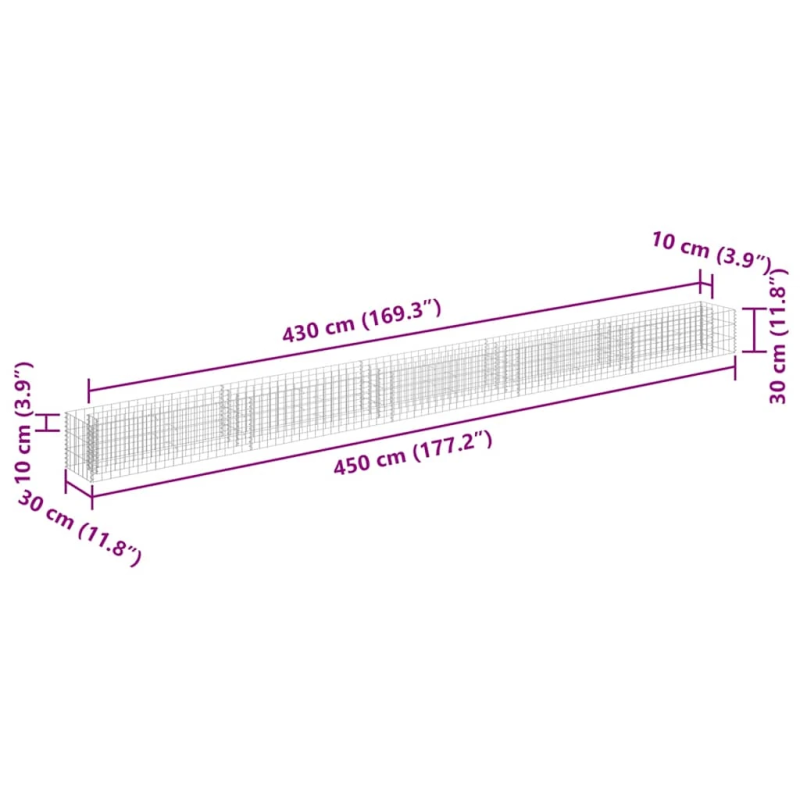 vidaXL gabions, augstā puķu kaste, cinkots tērauds, 450x30x30 cm