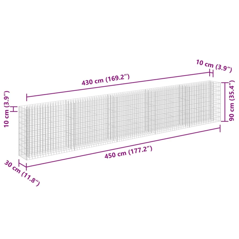 vidaXL gabions, augstā puķu kaste, cinkots tērauds, 450x30x90 cm