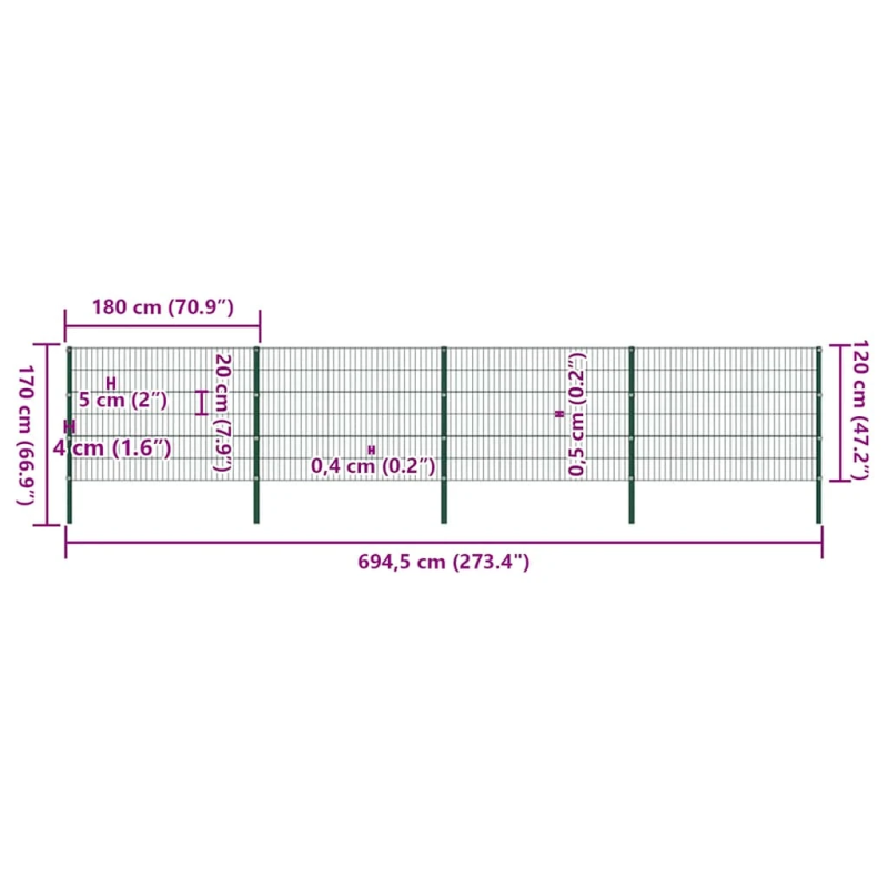 vidaXL žoga panelis ar stabiem, dzelzs, 694,5x120 cm, zaļš