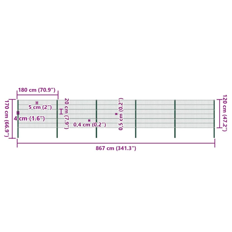 vidaXL žoga panelis ar stabiem, dzelzs, 867x120 cm, zaļš