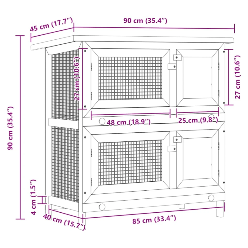 vidaXL āra trušu būris, 4 durvis, pelēks koks