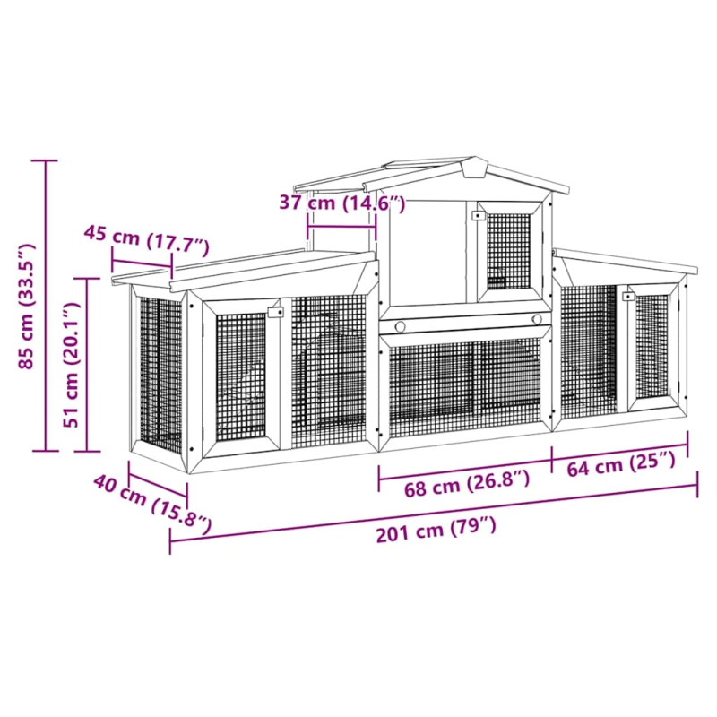 vidaXL trušu būris, pelēks un balts, 201x45x85 cm, koks