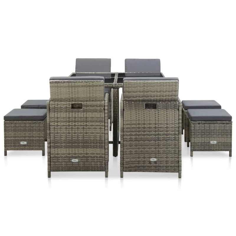 vidaXL 9-daļīgs dārza mēbeļu komplekts ar matračiem, pelēks PE pinums