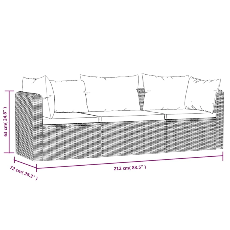 vidaXL 3-daļīgs dārza dīvāna komplekts ar matračiem, melns PE pinums