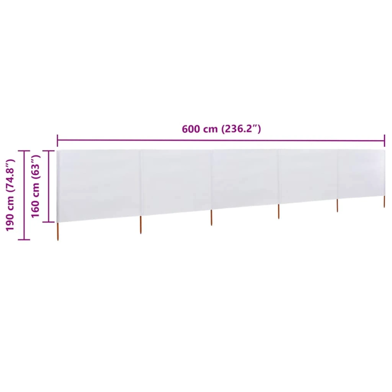 vidaXL 5 paneļu vēja aizsargsiets, smilšu balts, 600x160 cm, audums