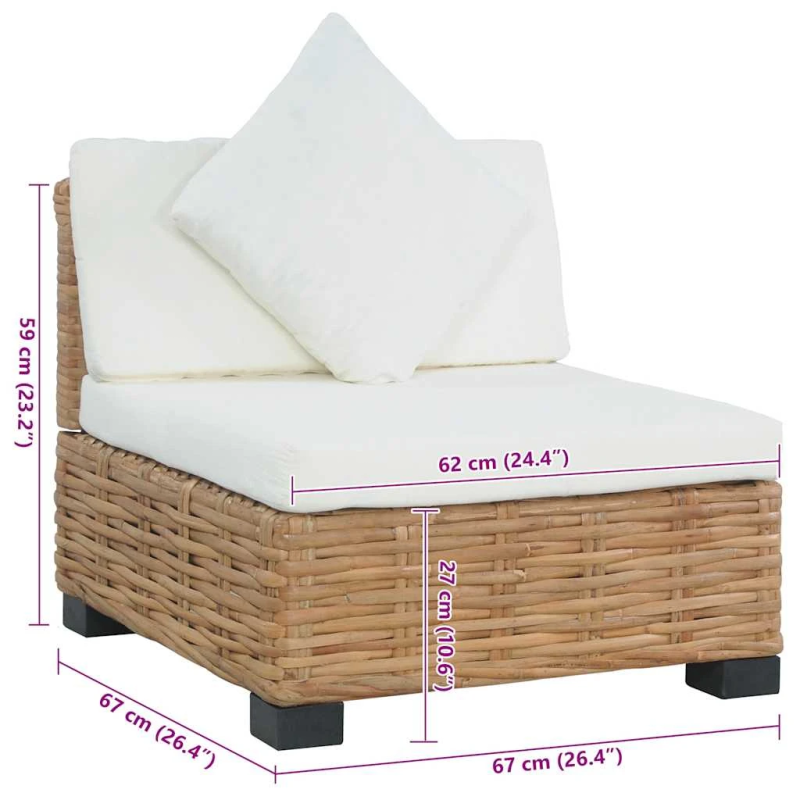 vidaXL dīvāns ar matračiem, bez roku balstiem, dabīga rotangpalma