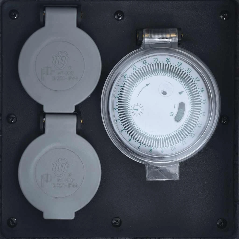 vidaXL dārza strāvas sadalītājs, 2 kontakti, taimeris, polirezīns