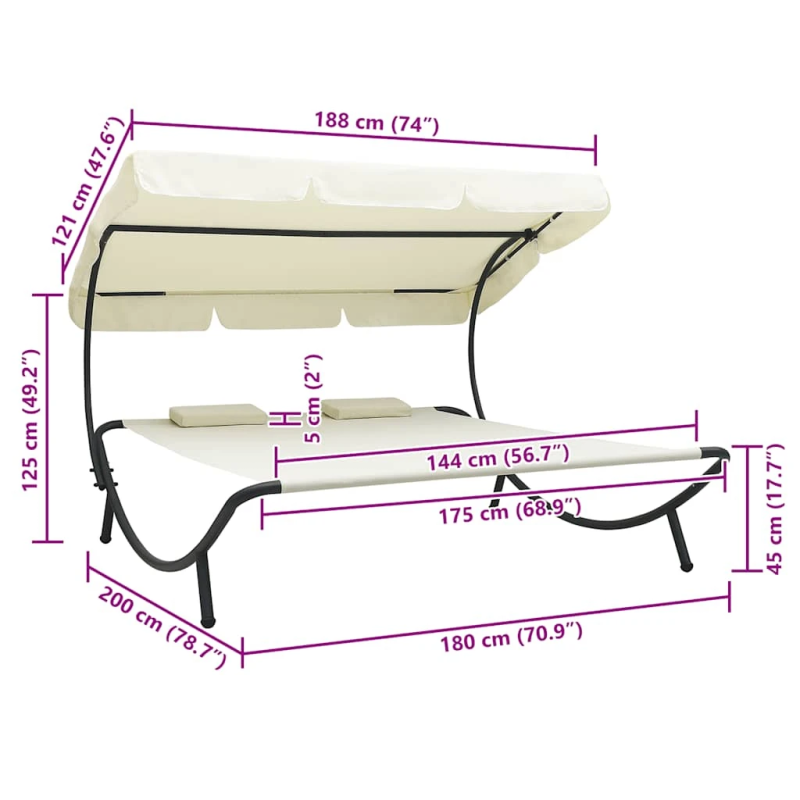 vidaXL āra atpūtas gulta ar jumtu un spilveniem, krēmbalta