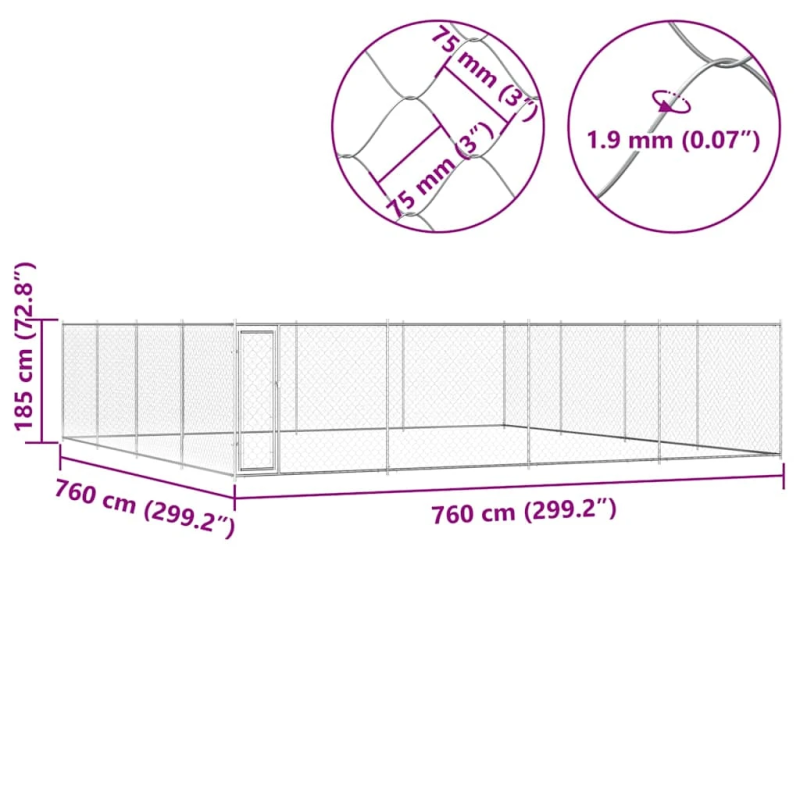 vidaXL suņu voljērs, cinkots tērauds, 760x760x185 cm