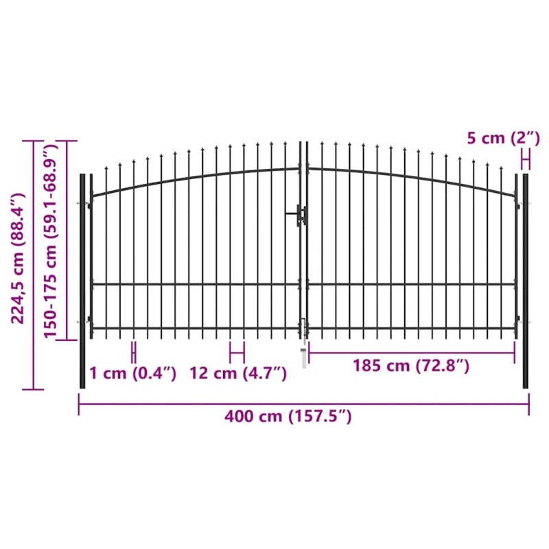 vidaXL dārza vārti ar pīķiem augšpusē, divviru, 400x225 cm