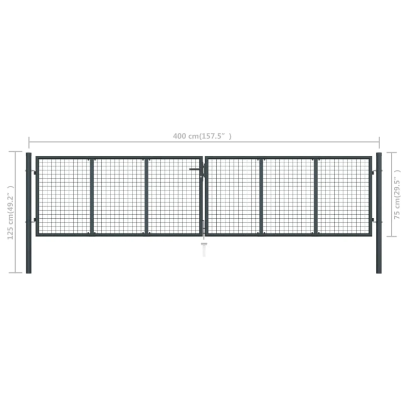 vidaXL dārza vārti, sieta, cinkots tērauds, 400x75 cm, pelēki