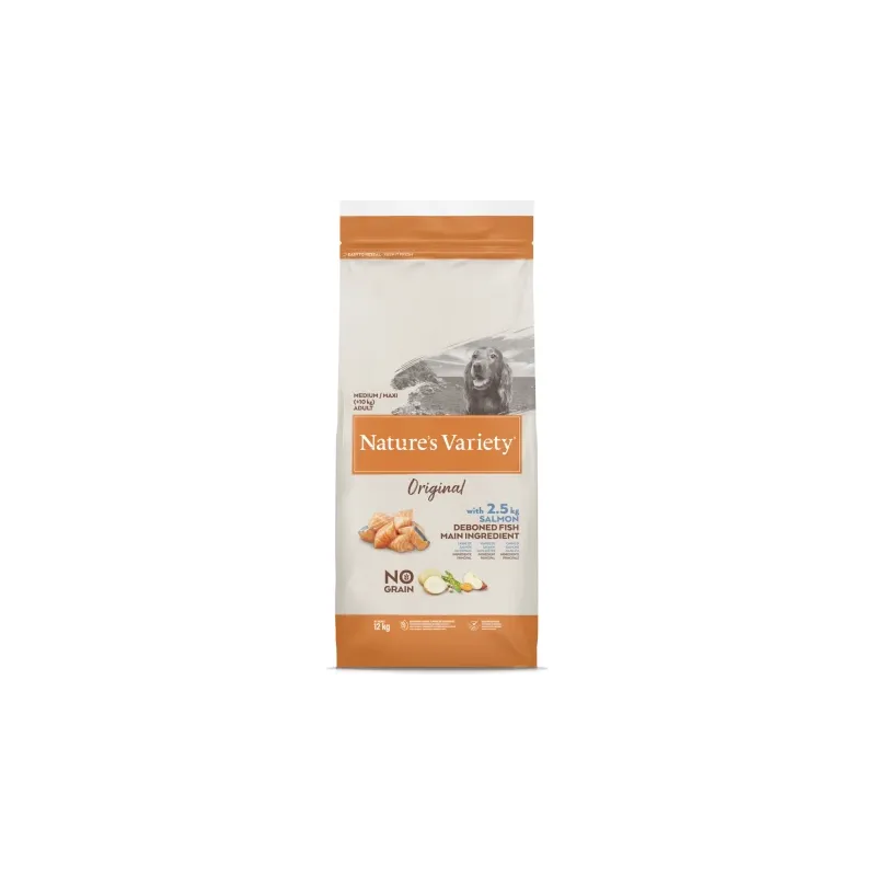 Nature's Variety Dog Original No Grain Medium Adult Salmon 12 Kg - bezgraudu sausā barība ar lasi pieaugušiem suņiem