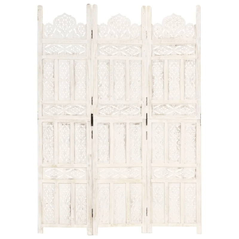 vidaXL 3-paneļu aizslietnis, 120x165 cm, roku darbs, balts, masīvkoks