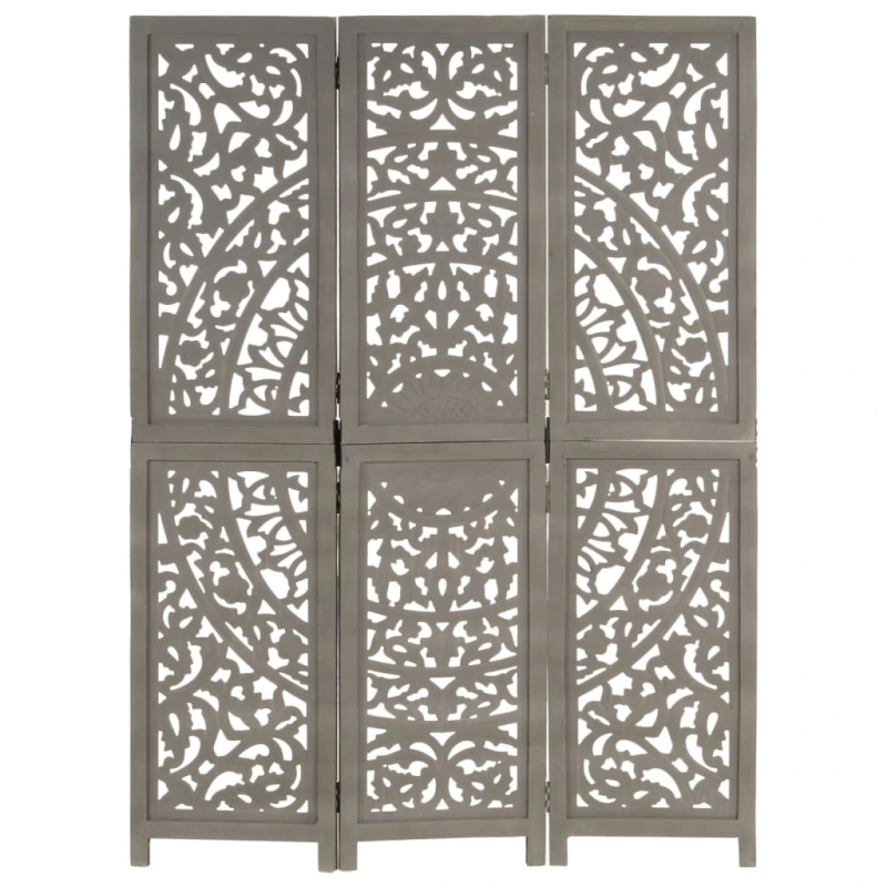 vidaXL 3-paneļu aizslietnis, roku darbs, pelēks, 120x165 cm, masīvkoks