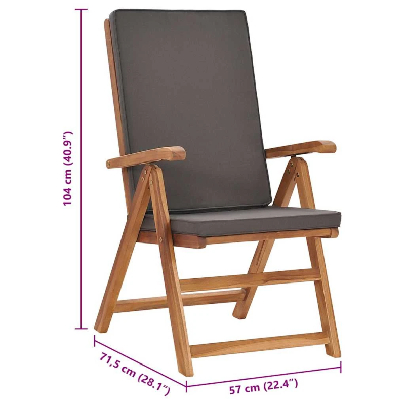 vidaXL atgāžami dārza krēsli ar spilveniem, 2 gab., masīvs tīkkoks