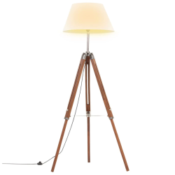 vidaXL grīdas lampa uz statīva, brūna, balta, masīvs tīkkoks, 141 cm