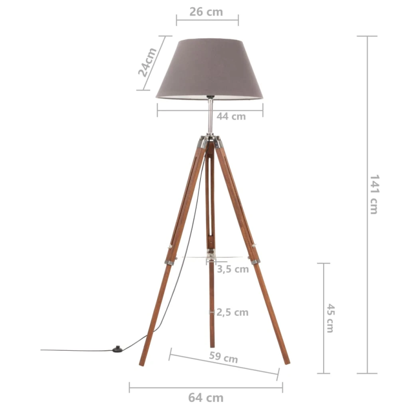 vidaXL grīdas lampa uz statīva, brūna, pelēka, masīvs tīkkoks, 141 cm