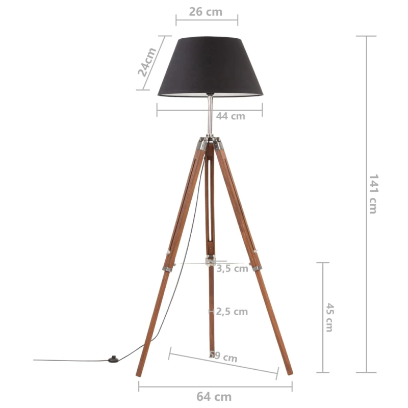 vidaXL grīdas lampa uz statīva, brūna, melna, masīvs tīkkoks, 141 cm