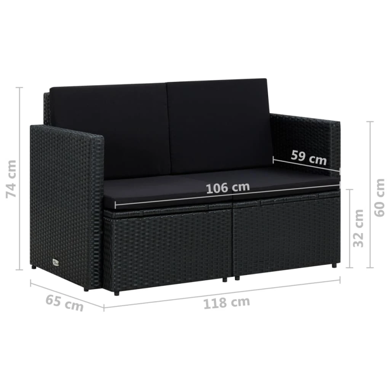 vidaXL divvietīgs dārza dīvāns ar matračiem, melna PE rotangpalma