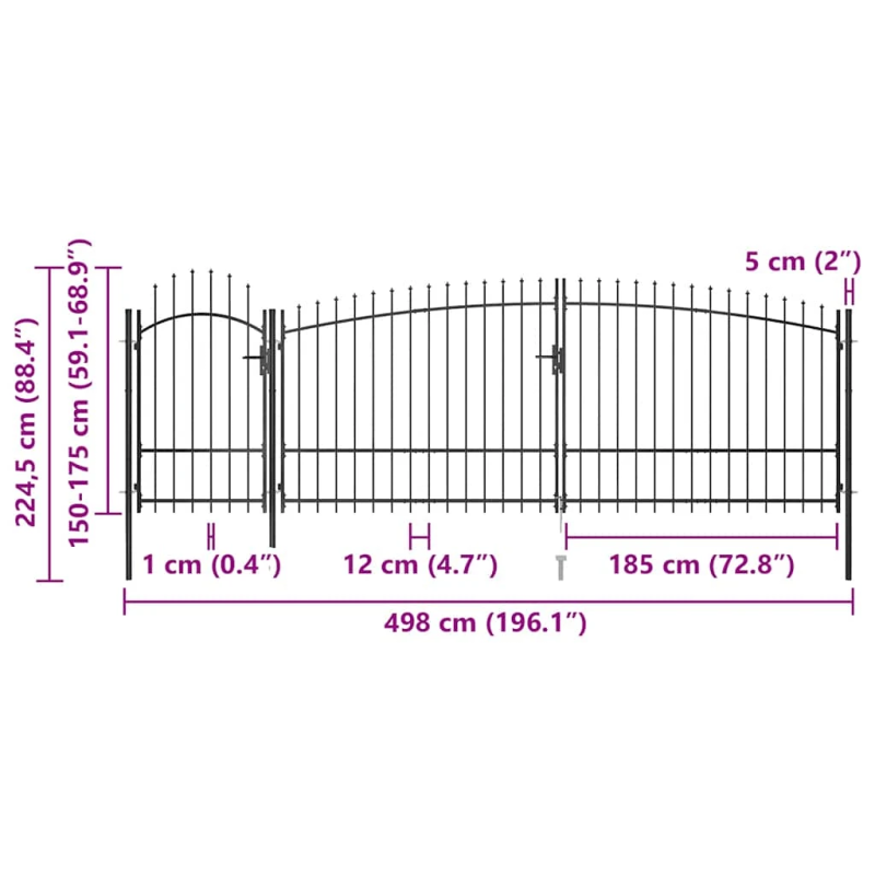 vidaXL dārza žoga vārti ar pīķiem augšpusē, 5x2,25 m, melni