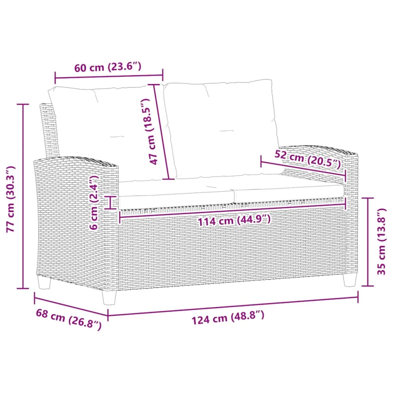 vidaXL divvietīgs dārza dīvāns ar matračiem, melna PE rotangpalma