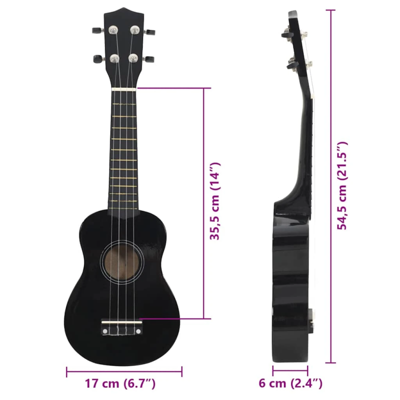 vidaXL soprāna bērnu ukulele ar somu, melna, 21"
