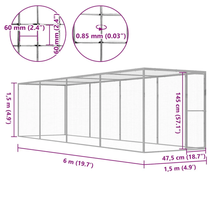 vidaXL kaķu būris, 6x1,5x1,5 m, cinkots tērauds