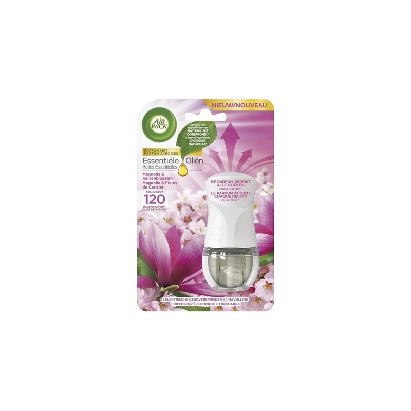 AIR WICK Essential Oils elektriskais gaisa atsvaidzinātājs ar magnoliju un ķiršu ziedu aromātu 19ml