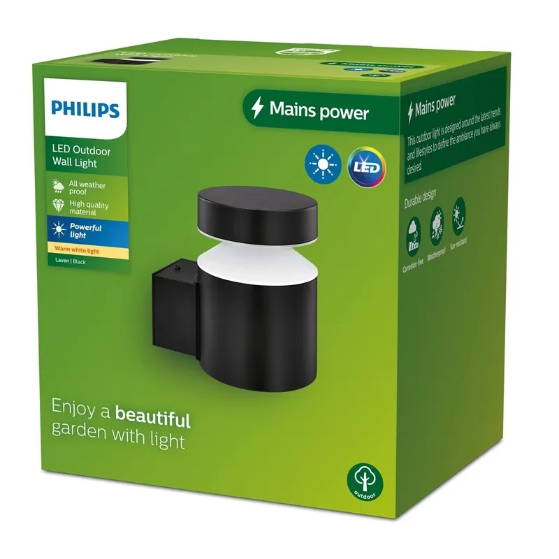 Āra sienas lampa Philips Laven, 6W, LED, IP44, melna krās., 10 cm x 13.5 cm