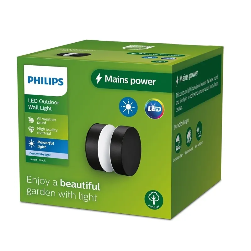 Āra sienas lampa Philips Laven, 6W, LED, IP44, melna krās., 10 cm x 8.7 cm