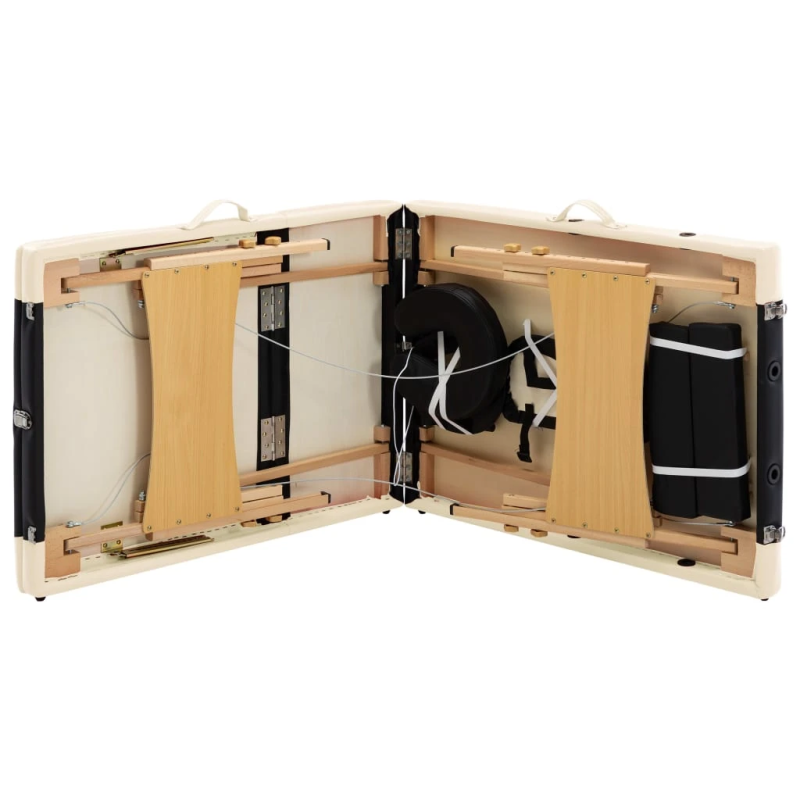 vidaXL saliekams masāžas galds, 3 daļas, koks, melns ar bēšu