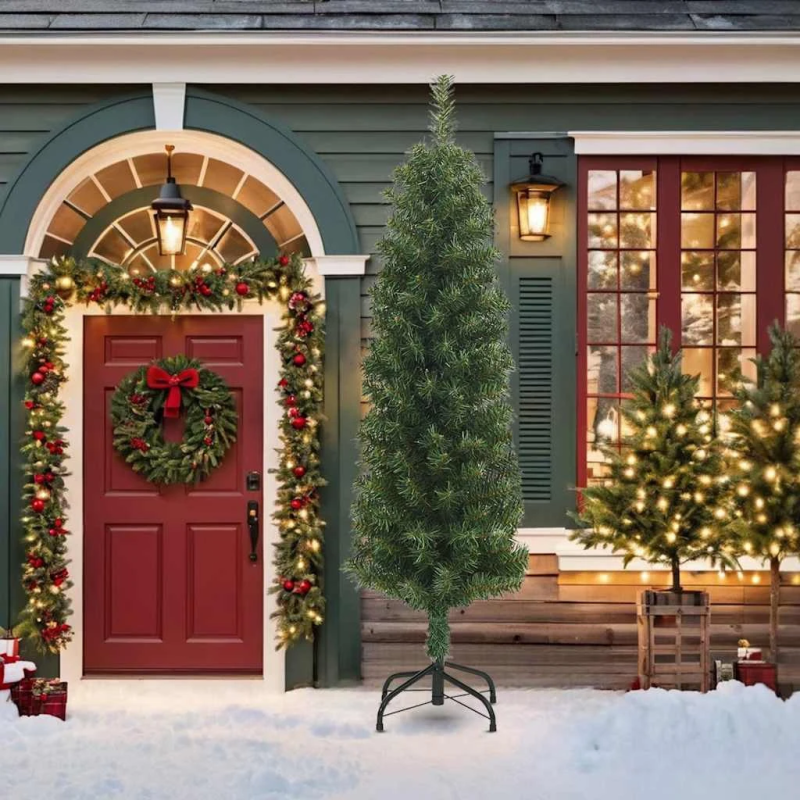 vidaXL mākslīgā Ziemassvētku egle ar statīvu, šaura, zaļa, 210 cm, PVC