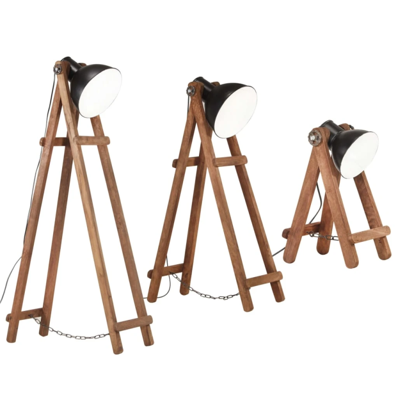 vidaXL grīdas lampas, 3 gab., mango masīvkoks, E27, melna