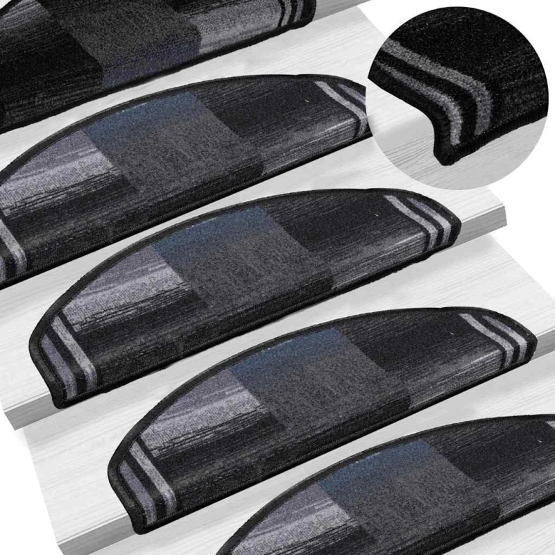 vidaXL kāpņu paklāji, 15 gab., pašlīmējoši, 65x21x4cm, melni ar pelēku