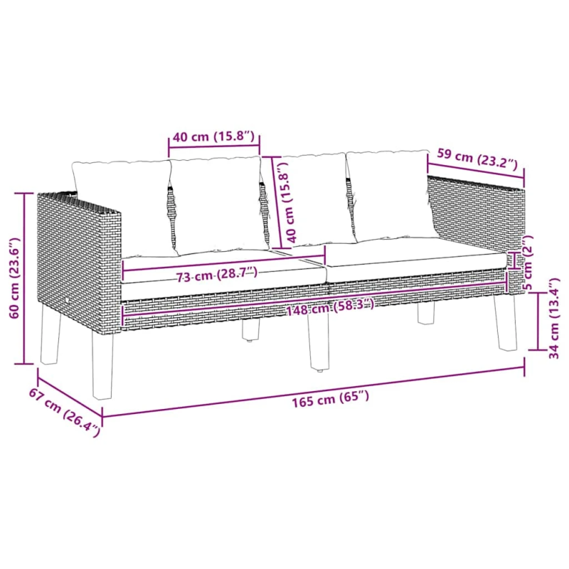 vidaXL divvietīgs dārza dīvāns ar matračiem, melna PE rotangpalma
