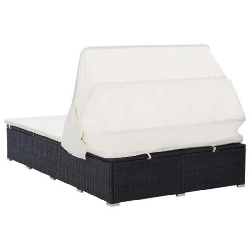 vidaXL sauļošanās gulta ar matraci, melna, PE pinums, divvietīga