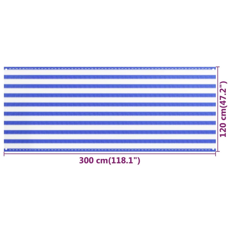 vidaXL balkona aizslietnis, 120x300 cm, zils un balts HDPE