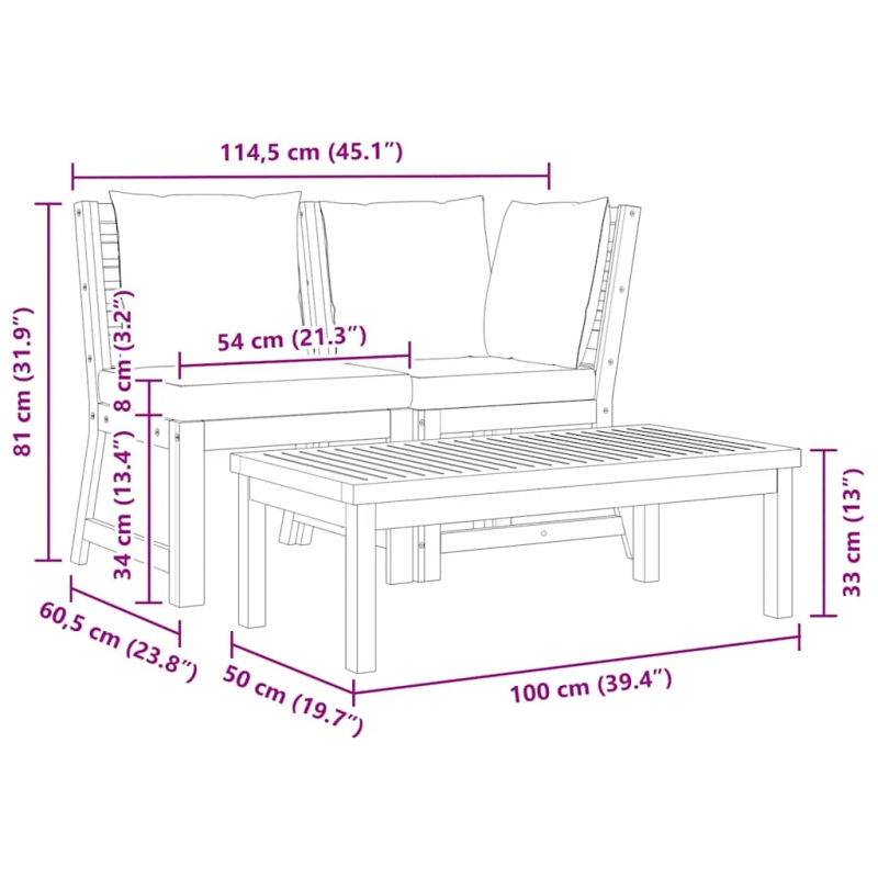 vidaXL 3-daļīgs dārza atpūtas mēbeļu komplekts ar matračiem, akācija