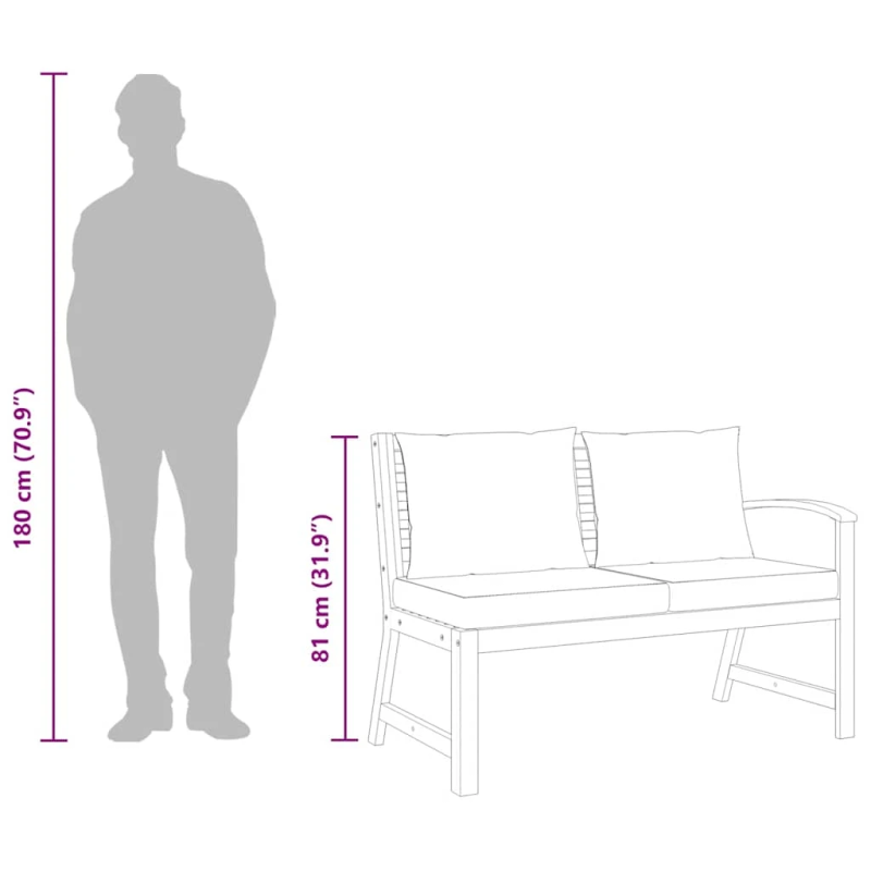 vidaXL dārza sols, 114,5 cm, pelēki spilveni, akācijas masīvkoks